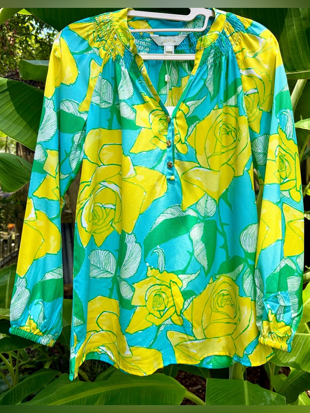 NWT LILLY PULITZER Yellow and Teal Floral Blouse/Tunic 100% Silk Size XXS